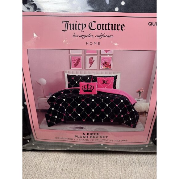 NWT Juicy Couture 5pc QUEEN Plush Comforter Set Black Pink Heart Crowns Monogram - Picture 3 of 6